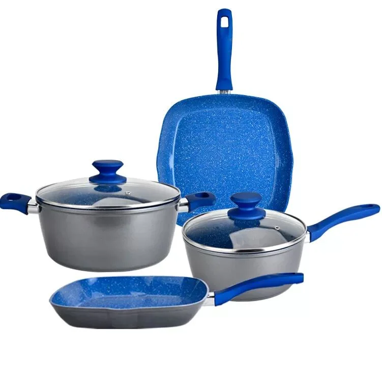 12PCS Factory Custom Aluminum Pots Pans Blue Marble Coating Non Stick Pots and Pans Forged Aluminum Cookware Sets