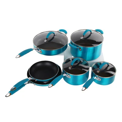 Batterie de cuisine en aluminium antiadhésive de style tendance avec casseroles et poêles à frire