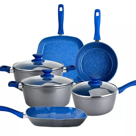 12 pièces casseroles en aluminium personnalisées en usine revêtement en marbre bleu casseroles et poêles antiadhésives ensembles de batterie de cuisine en aluminium forgé