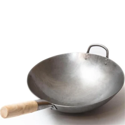 Wok en acier au carbone avec manche en bois Wok martelé