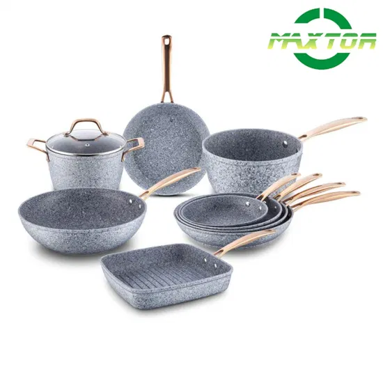 Ustensiles de cuisine antiadhésifs en aluminium avec revêtement en granit Wok avec poignée en acier inoxydable Casseroles et poêles Batterie de cuisine forgée avec fond à induction